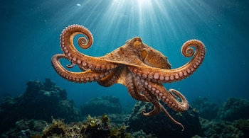 Un pulpo anaranjado nada con sus tentáculos extendidos en agua azul atravesada por rayos de luz sobre rocas marinas.