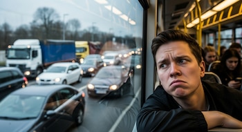 Primer plano de un joven con expresión fastidiada mirando por la ventana de un autobús o tranvía atascado en tráfico vehicular con coches y camiones.