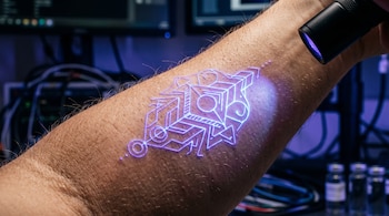 Primer plano del brazo de una persona con un diseño geométrico brillante bajo el haz de una pequeña linterna de luz ultravioleta.