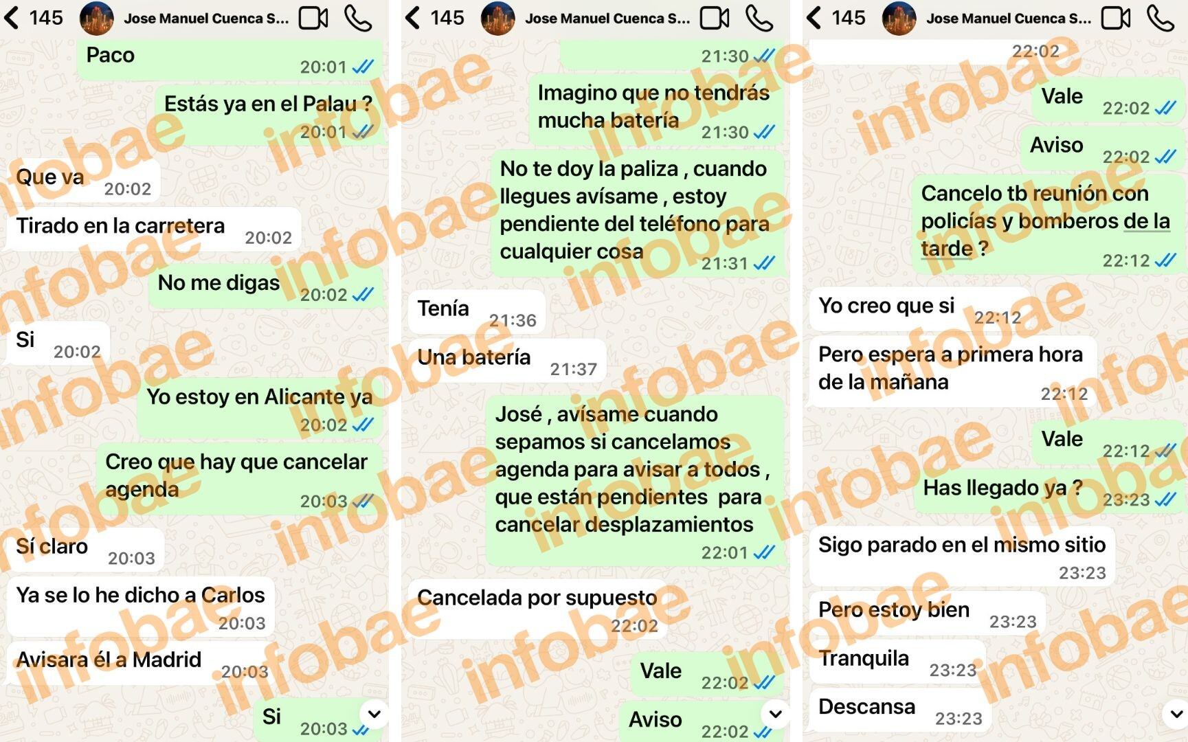 Algunos de los mensajes que el jefe de gabinete de Carlos Mazón, José Manuel Cuenca, intercambió con la secretaria del expresident, Pilar Montes, el día de la DANA (Infobae España)