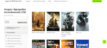 Una captura de pantalla de la página web de Xbox Game Pass muestra 76 juegos agregados recientemente, con barra de búsqueda y opciones de suscripción