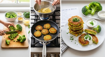 Collage de tres imágenes mostrando el proceso de preparación de tortitas de brócoli: cortar brócoli, cocinar las tortitas en una sartén y el plato final servido.