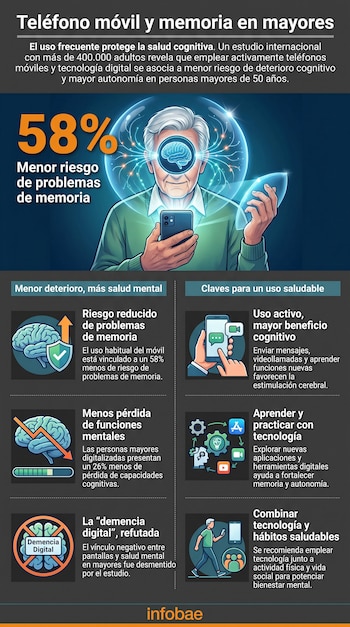Infografía: título, hombre mayor con móvil y cerebro, texto con datos y estadísticas, cuadros de información sobre uso de tecnología y salud cognitiva.
