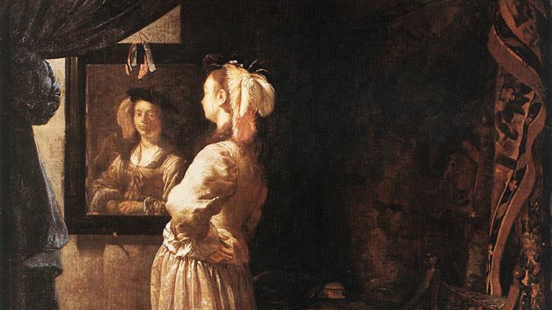 Detalle de “Mujer ante el Espejo” (hacia 1670) de Frans van Mieris el Viejo