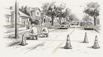 Dibujo a lápiz de dos peritos agachados tras una cinta policial, con conos de tránsito, patrulleros y casas en una calle arbolada.