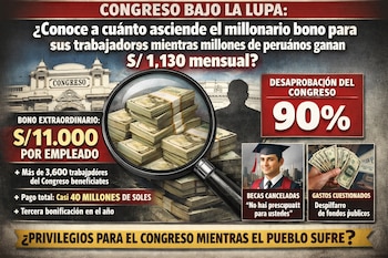 Infografía con edificio del Congreso, billetes bajo lupa, gráfico de desaprobación del 90%, estudiante graduado y mano con dinero, junto a textos informativos.