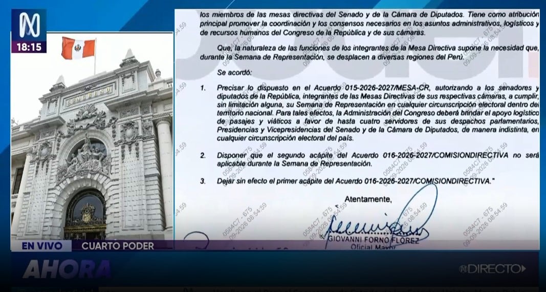 Congreso permitirá a sus directivos viajar con cuatro asesores pagados por el Estado. Captura: Cuarto Poder.