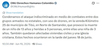 La ofensiva impactó una iglesia cristiana y la casa donde estaba una familia en el sector kilómetro 25, dejó al menos seis lesionados, varios de ellos menores, y generó daños materiales - crédito captura de pantalla @ONUHumanRights