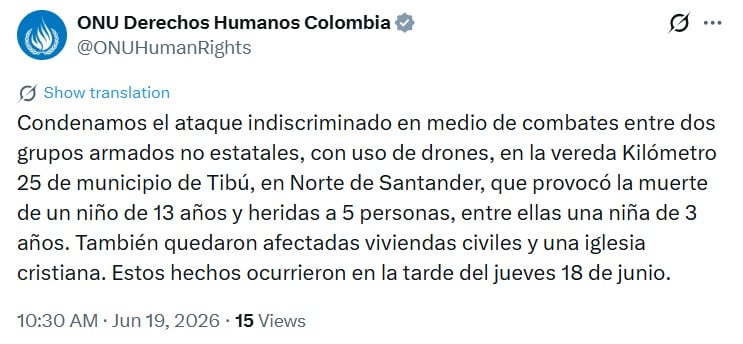 La ofensiva impactó una iglesia cristiana y la casa donde estaba una familia en el sector kilómetro 25, dejó al menos seis lesionados, varios de ellos menores, y generó daños materiales - crédito captura de pantalla @ONUHumanRights