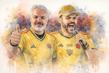 Pintura en acuarela de Iván Duque sonriendo y Abelardo de la Espriella cantando en un micrófono, ambos con camisetas amarillas de Colombia.