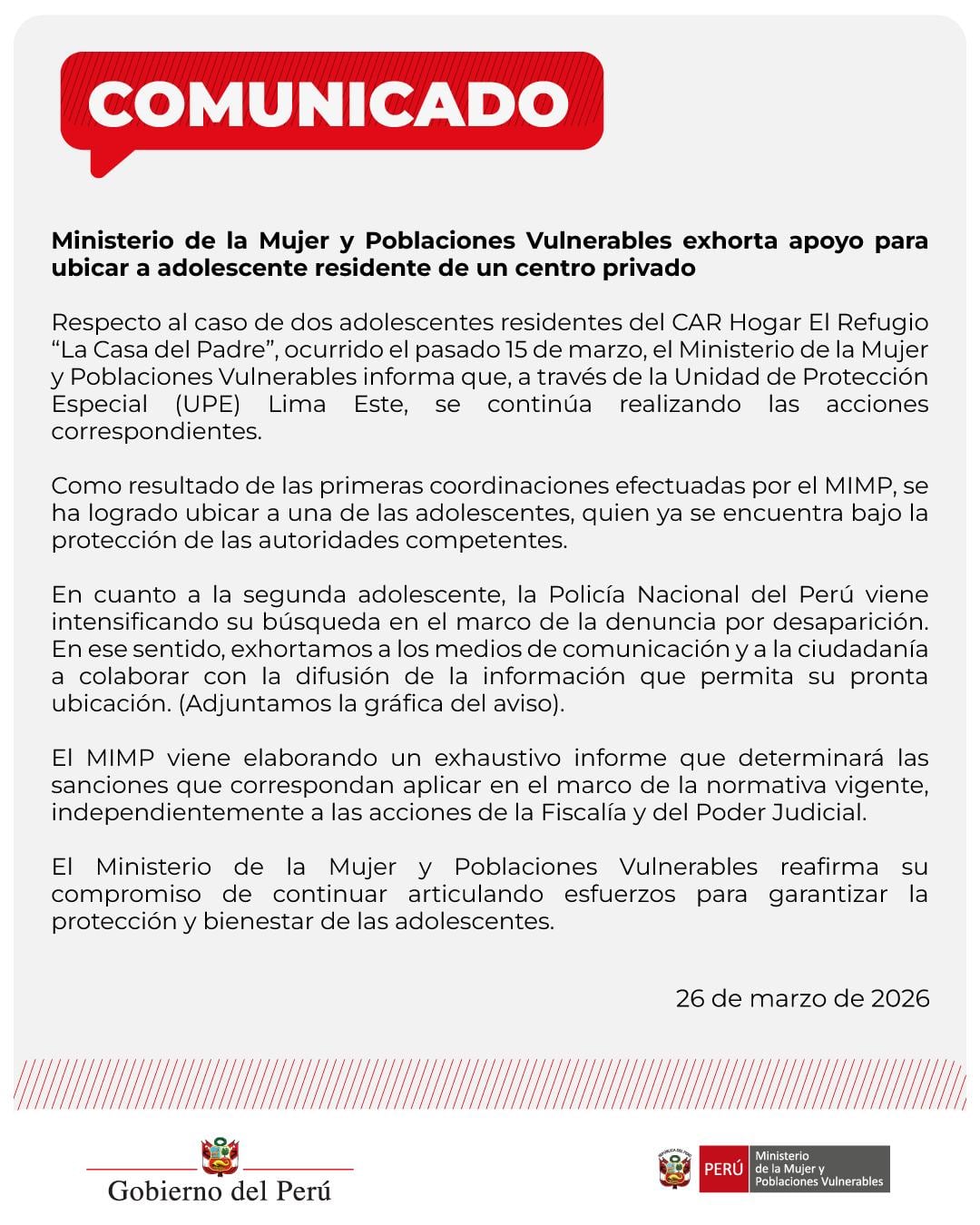 Comunicado del MIMP| Ministerio de la Mujer