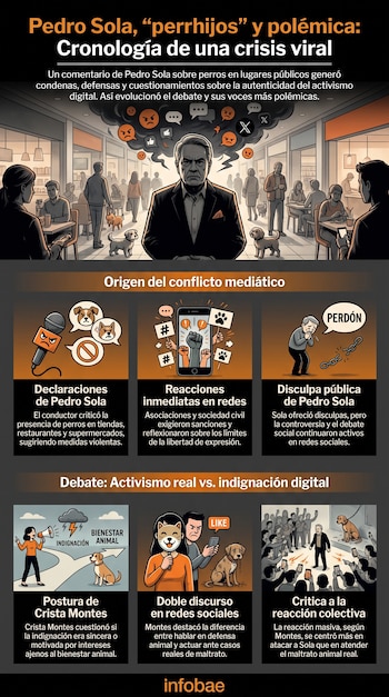 Infografía que presenta la cronología de la polémica de Pedro Sola sobre los "perrhijos", con ilustraciones de personas, perros, iconos de redes sociales y texto informativo.