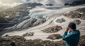 Vista aérea de un vasto glaciar alpino derritiéndose, con grietas y rocas expuestas, rodeado por pequeños asentamientos. Una persona en primer plano mira el paisaje.