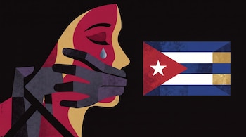 Ilustración del perfil de un rostro con una mano sobre la boca y una lágrima en la mejilla, situada junto a la bandera de Cuba.