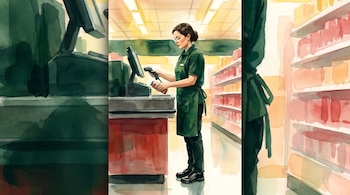Ilustración de una cajera con uniforme verde y delantal escaneando un producto en la caja registradora de un supermercado con góndolas y zapatos negros.
