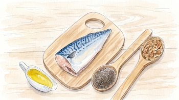 Ilustración acuarela de un pescado azul sobre una tabla de cortar, una salsera con aceite de oliva, una cuchara con semillas de chía y otra con nueces.