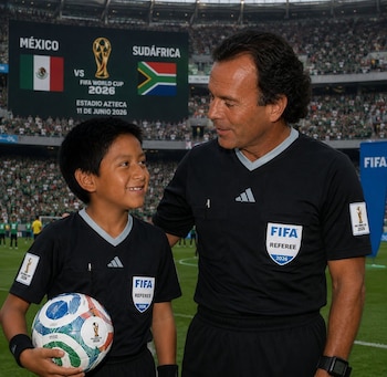 Árbitro y niño uniformados con logos FIFA World Cup 2026 en un campo de fútbol. El niño sostiene un balón. Pantalla grande muestra México vs Sudáfrica