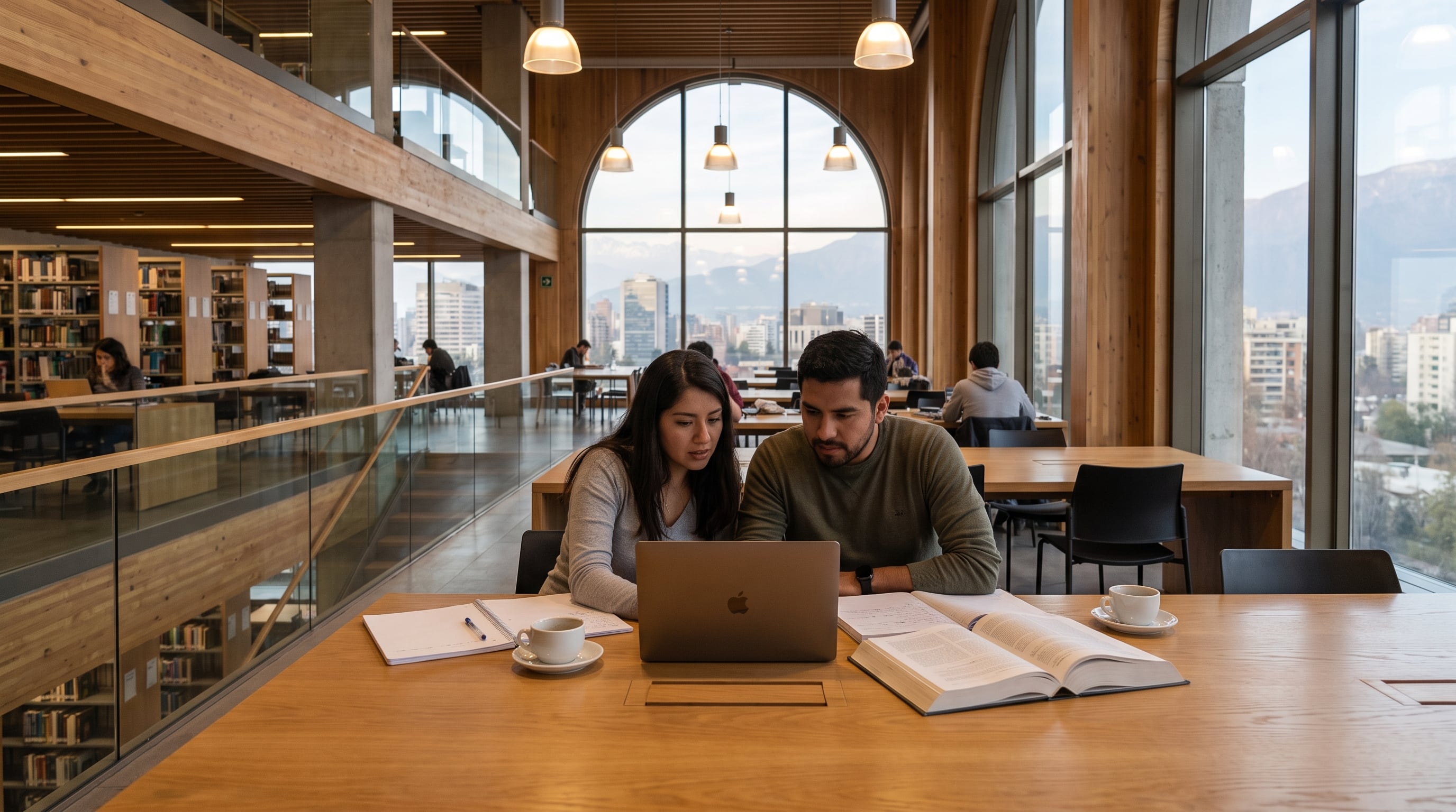 Dos estudiantes de posgrado latinoamericanos estudian juntos con una computadora portátil, cuadernos, libros de texto y tazas de café en una moderna biblioteca universitaria en Chile. (Imagen Ilustrativa Infobae)