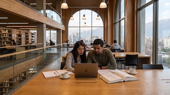 Dos estudiantes en mesa con portátil, libros, cuadernos y tazas de café. Estanterías de libros y ventanales con vista a ciudad y montañas.