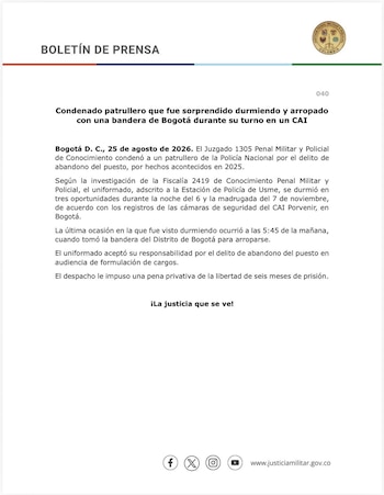 El Juzgado 1305 Penal Militar y Policial de Conocimiento condenó a un patrullero de la Policía Nacional por abandono del puesto, tras comprobar que durante su turno en un CAI de Bogotá se durmió - crédito @JPMP_Colombia/X