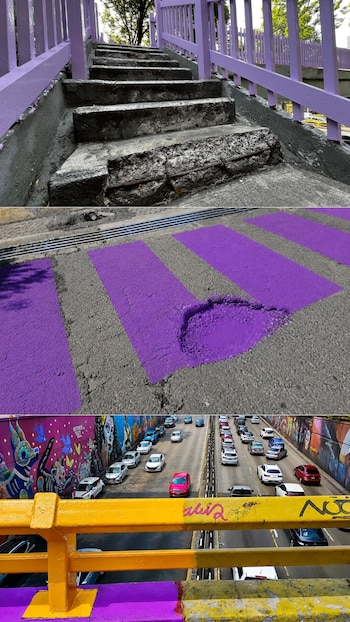 Triptych: escaleras moradas y rotas, un cruce peatonal morado con un bache, y un puente amarillo sobre una autopista con murales y tráfico vehicular