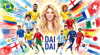 Ilustración acuarela de Shakira sonriente con un aura de luz, rodeada por doce leyendas del fútbol como Pelé, Maradona y Messi, con banderas de múltiples países en el fondo.