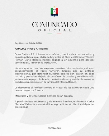 El Once Caldas informó oficialmente la terminación del vínculo con Hernán Darío Herrera y anunció cambios en la dirección técnica. - crédito @oncecaldas/X