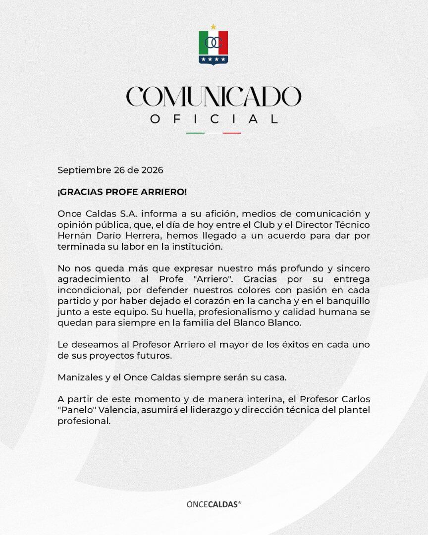 El Once Caldas informó oficialmente la terminación del vínculo con Hernán Darío Herrera y anunció cambios en la dirección técnica. - crédito @oncecaldas/X