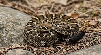 Una serpiente de cascabel occidental enrollada sobre piedras y hojas secas, con patrón de escamas, cabeza, ojo y cola de cascabel visible.