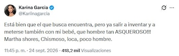 Karina García rechazó la inclusión de su hijo por nacer en el conflicto entre los creadores de contenido - crédito @kariinagarcia/X