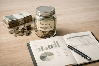 Frasco con billetes y monedas etiquetado 'Fondo de Emergencia', pilas de billetes y monedas, libreta abierta con gráficos, bolígrafo en mesa de madera.