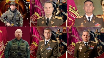 Mosaico de seis fotografías de hombres con uniformes militares de Venezuela, insignias de la Guardia Nacional y retratos institucionales