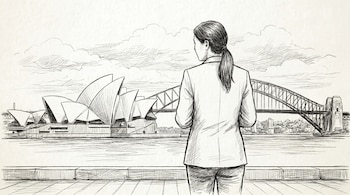 Dibujo en blanco y negro que muestra a una mujer de espaldas en primer plano, mirando hacia la Ópera de Sídney y el Puente del Puerto al fondo.