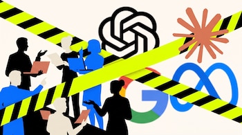 Siluetas de seis personas, laptops, documentos, logos de OpenAI, Google y Meta, una forma de estrella naranja y cintas de advertencia.