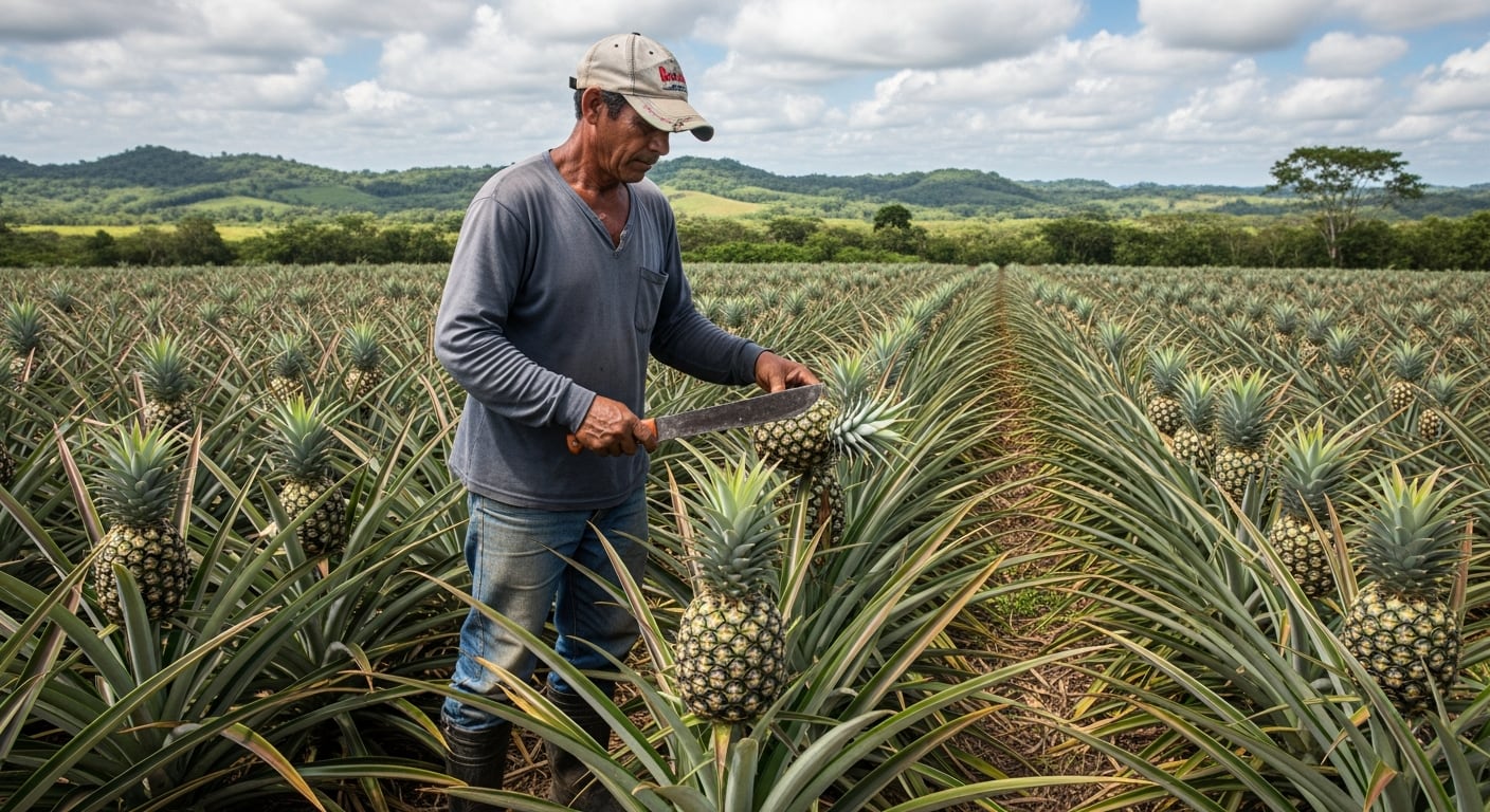 Un agricultor de Panamá trabaja en un extenso campo de piñas mientras sostiene un machete, con montañas al fondo bajo un cielo nublado. (Imagen Ilustrativa Infobae)