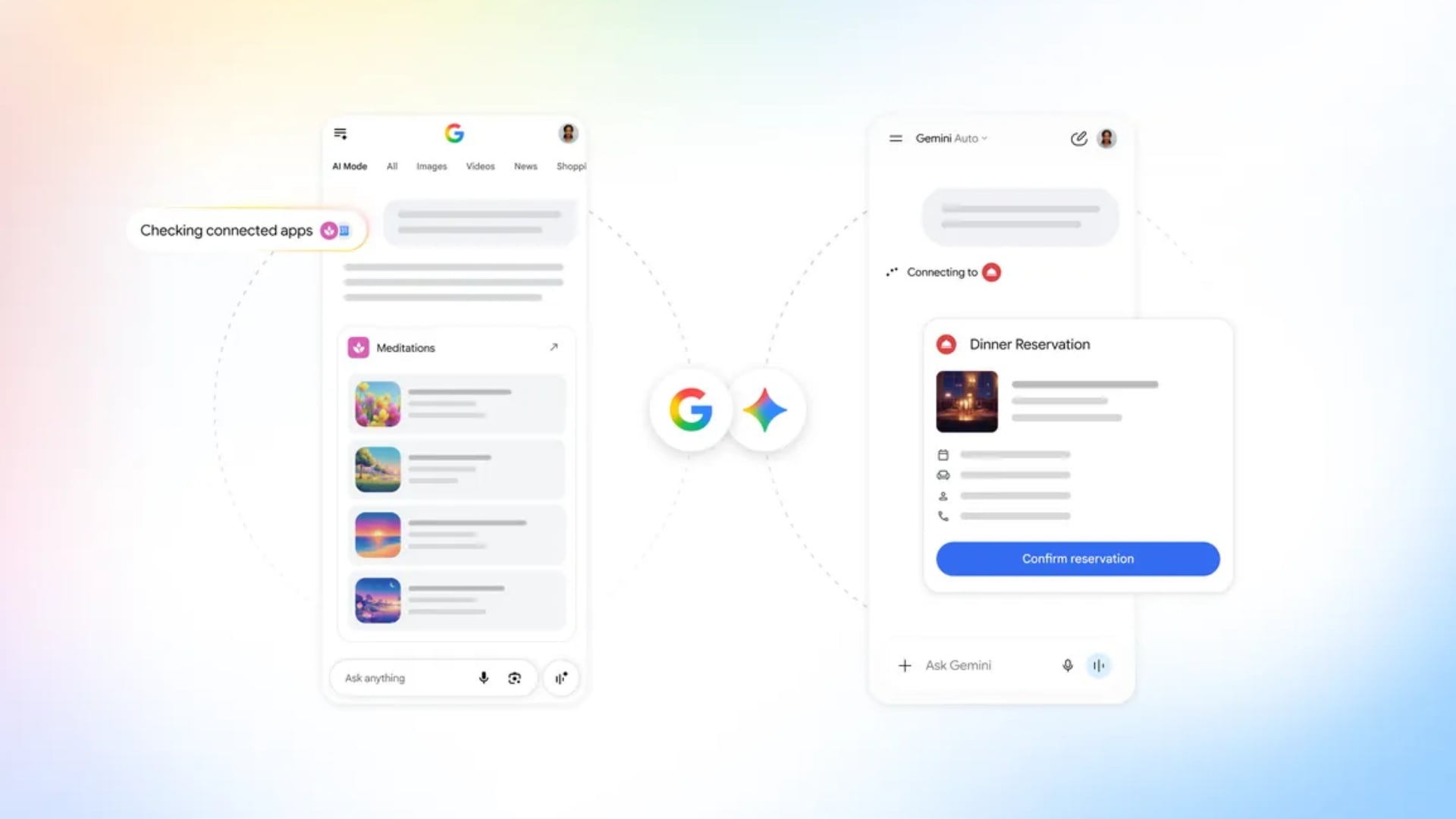 Pantalla dividida que muestra una interfaz de búsqueda de Google conectándose con Gemini para confirmar una reserva para cenar.
(Google)