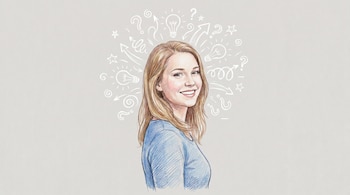 Ilustración a lápiz de una mujer joven rubia con jersey azul, sonriendo a cámara. Símbolos de ideas como bombillas y flechas flotan sobre fondo gris claro.