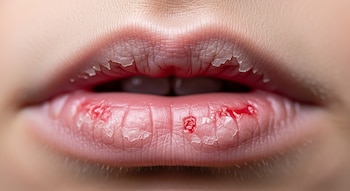 Primer plano de labios con piel seca, descamada y varias zonas de sangrado visible, mostrando la textura dañada y rojiza de la piel labial.