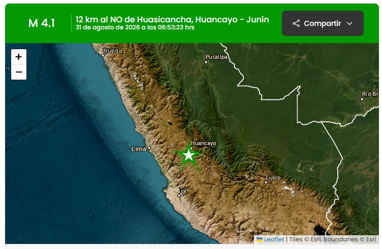 Un mapa del reporte sísmico ubica el epicentro de un temblor de magnitud 4,1 a 12 kilómetros al noroeste de Huasicancha, en la región Junín. (IGP)