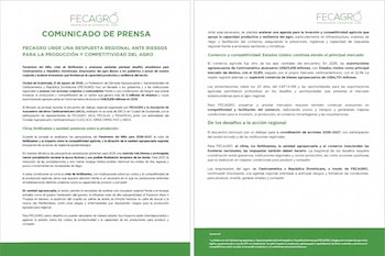 Documento de dos páginas con el comunicado de prensa de la Federación de Cámaras del Agro, impreso en texto negro y logotipo en verde.