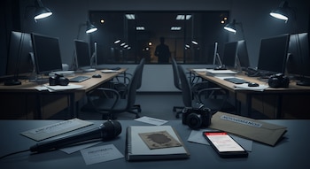 Escritorios con computadoras, cámaras, papeles, un micrófono, libreta con manchas, sobres anónimos, teléfono móvil y una silueta tras una ventana oscura.
