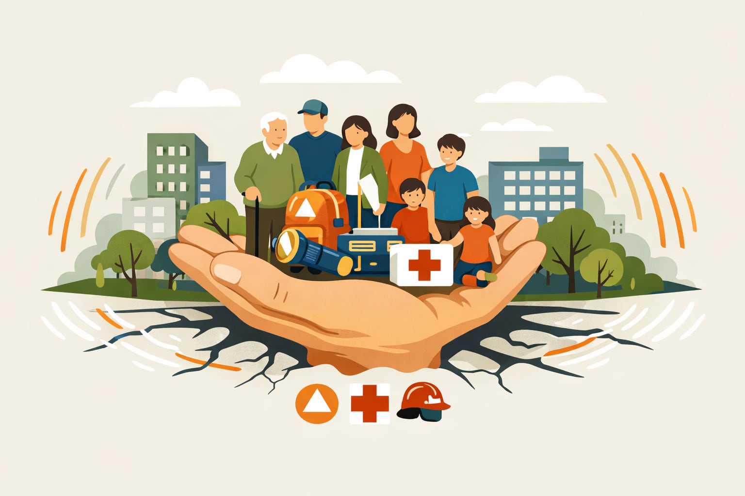 Una mano grande emerge del suelo agrietado para proteger a un grupo diverso de personas con equipos de emergencia, simbolizando la preparación comunitaria y la labor de rescate ante un sismo. (Imagen Ilustrativa Infobae)