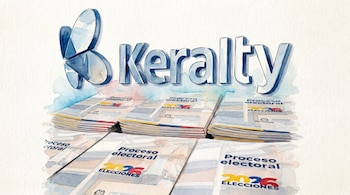 Ilustración en acuarela del logo y nombre Keralty en azul sobre pilas de documentos titulados "Proceso electoral 2026 Elecciones".