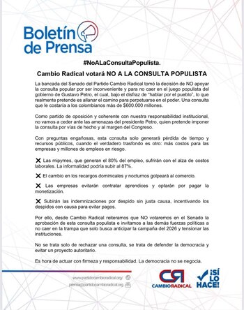 Cambio Radical señaló que votará