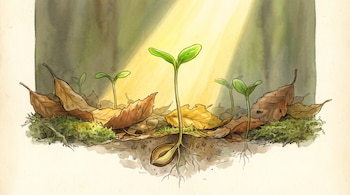 Plántulas verdes brotan entre hojas secas y musgo con raíces visibles en la tierra bajo un haz de luz sobre fondo claro.