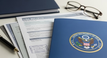 Primer plano de una carpeta azul con el logo del Departamento de Estado de EE. UU., documentos apilados con el título 'VISA BULLETIN', un bolígrafo y gafas.