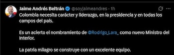 El exalcalde de Bucaramanga, Jaime Andrés Beltrán, calificó como un acierto la llegada de Rodrigo Lara al Ministerio del Interior - crédito Jaime Andrés Beltrán/X