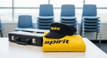 Uniforme de Spirit Airlines (camisa amarilla doblada con logo negro y gorra negra) sobre una mesa blanca, con un portafolio negro cerrado al lado. Sillas azules apiladas y ventanales en el fondo desenfocado.