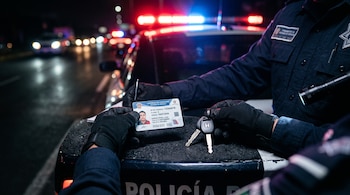 Manos con guantes negros de un policía sostienen una licencia de conducir y llaves sobre una patrulla con luces de emergencia encendidas.