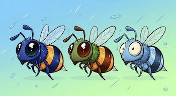 Tres abejas de caricatura, azul intenso, verde cobrizo y azul pálido, sudando con gotas de agua, sobre un fondo degradado celeste a verde claro.